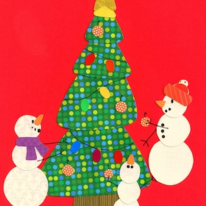 Christmas Holiday Quilt Applique Pattern / Template of Snowmen Decorating a Christmas Tree for Christmas Decor, Wall Hanging Quilts