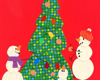 Christmas Holiday Quilt Applique Pattern / Template of Snowmen Decorating a Christmas Tree for Christmas Decor, Wall Hanging Quilts