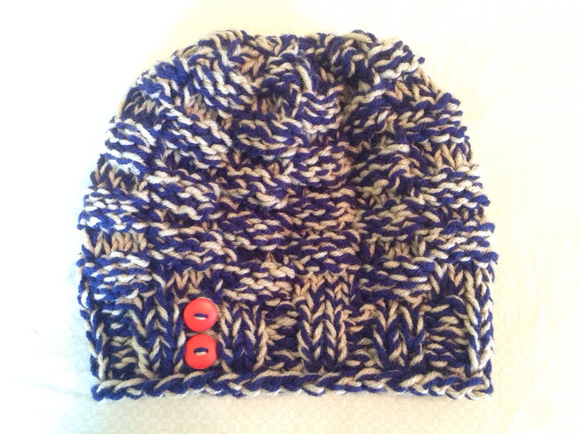 Slouchy Navy and Cream Knit Winter Hat with Accent Buttons Etsy
