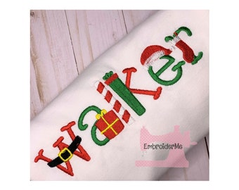 May include: Embroidered Christmas name "Waker" with green, red, and white letters. The letters are decorated with a Santa hat, candy cane, gift box, and elf shoes.