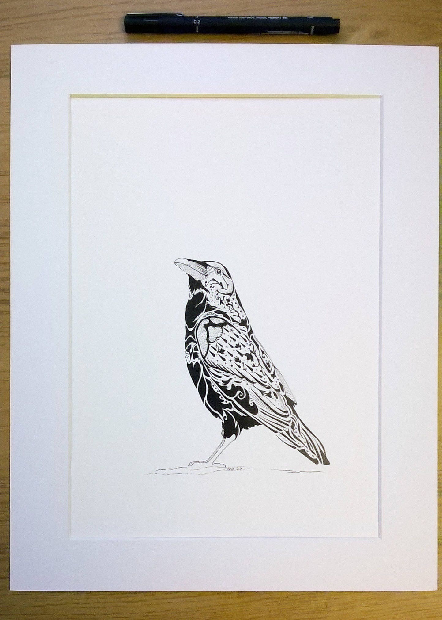 Raven - A4 Wildlife Print in Folk Pattern Detailing With Mount - Black ...