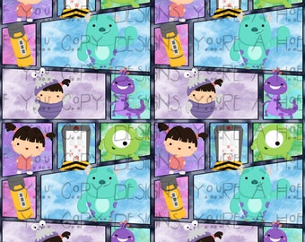 Monster Seamless Pattern, Cartoon Repeat Seamless Design, Fabric Sublimation, Monsters Incorperated