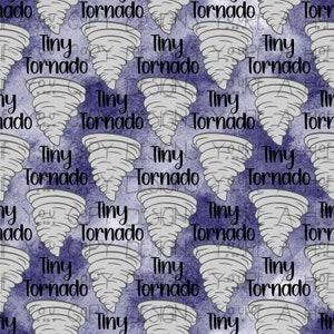 Puede incluir: Un patrón sin costuras con un diseño repetido de tornados grises sobre un fondo morado. El texto "Tiny Tornado" se repite en todo el patrón.
