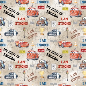 May include: A seamless pattern featuring cartoon cars, traffic lights, checkered flags, and motivational text. The text includes "My Best Is Enough", "I Am Strong", "I Am Loved", and "I Am Enough". The background is a light brown with a textured look.