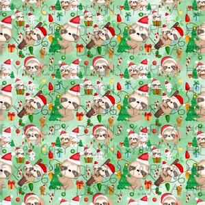 May include: A seamless pattern featuring a festive Christmas design with sloths wearing Santa hats and holding Christmas trees. The background is a light green with red and white accents.