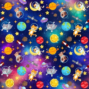 May include: A seamless pattern featuring cute cartoon cats wearing astronaut suits, floating in space. The background is a vibrant galaxy with stars, planets, and a spaceship. The colors are bright and cheerful, with shades of blue, purple, yellow, orange, and red.