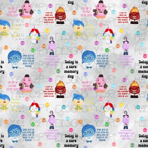May include: A colorful digital illustration featuring characters from the movie Inside Out. The characters are Joy, Sadness, Anger, Fear, and Disgust. The background is a light gray with colorful polka dots. The text "Today is a core memory day" is repeated throughout the image.