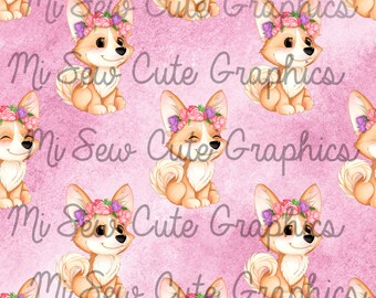 Floral Corgi Seamless Pattern, Pink Dog Design (Digital Download)