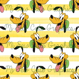 Può includere: Uno schema senza cuciture con un cane dei cartoni animati con un collare verde su uno sfondo a strisce gialle e bianche. Il cane sorride e ha la lingua di fuori.