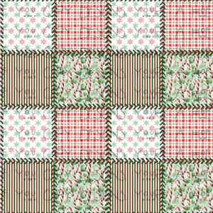 May include: A seamless pattern featuring a patchwork design with red and green gingham, candy canes, and snowflakes. The pattern is ideal for festive crafts and projects.