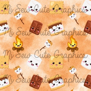 May include: A seamless pattern featuring a variety of cute cartoon food items, including marshmallows, chocolate bars, graham crackers, and s'mores. The background is a light orange watercolor wash.