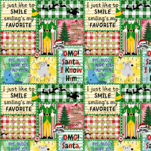 May include: A Christmas-themed patchwork design with festive squares. Features an elf, a raccoon in a Santa hat, a narwhal, and the text "OMG! Santa, I Know Him." The background has a green and white checkered pattern.