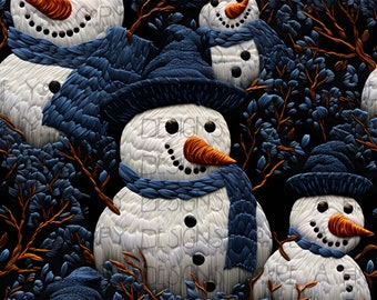 Peut inclure: Un motif sans couture représentant trois bonhommes de neige blancs avec des écharpes bleues et des yeux noirs, entourés de branches bleues et brunes. Les bonhommes de neige sourient et ont des nez orange.