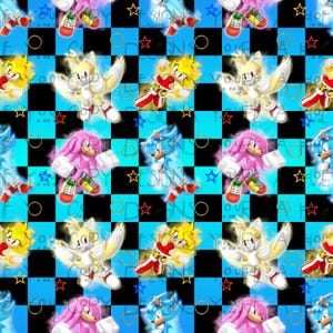 May include: A repeating pattern featuring characters from the Sonic the Hedgehog franchise. The design includes Sonic, Tails, and Knuckles in various poses, set against a checkered background of black and blue squares. Gold stars and rings are also present.