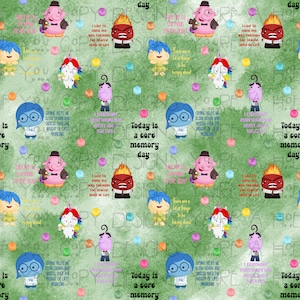 Może przedstawiać: Zielono-biała tkanina z nadrukiem cyfrowym przedstawiająca postacie z filmu W głowie się nie mieści. Postacie to Smutek, Radość, Gniew, Wstręt i Strach. Tkanina zawiera również tekst "Dzisiaj jest ważny dzień wspomnień" i "Płacz pomaga mi zwolnić i skupić się na ciężarze problemów życiowych".