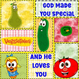 Puede incluir: Un collage digital con personajes de VeggieTales que incluye una pera verde, un pepino verde, un pequeño guisante verde con bigote, una zanahoria naranja con cabello rubio y un tomate rojo. El texto dice GOD MADE YOU SPECIAL AND HE LOVES YOU.