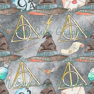 May include: A seamless pattern featuring a variety of Harry Potter themed illustrations, including the Deathly Hallows symbol, a wizard's hat, a lightning bolt, a golden snitch, and a quill pen. The background is a dark gray with a watercolor effect.