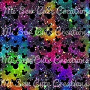 May include: A seamless pattern featuring a galaxy background with black Mickey Mouse silhouettes. The galaxy background is a vibrant mix of purple, blue, green, yellow, and red colors with a glittery effect.