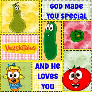 Puede incluir: Un collage digital con personajes de VeggieTales que incluye una pera verde, un pepino verde, un pequeño guisante verde con bigote, una zanahoria naranja con cabello rubio y un tomate rojo. El texto dice GOD MADE YOU SPECIAL AND HE LOVES YOU.