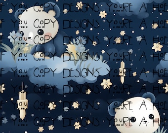 Panda Night Sky Seamless Pattern, Baby Animals Digital Paper (Instant Download)