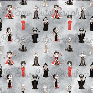 May include: A seamless pattern featuring various Disney villain characters, including Maleficent, the Evil Queen, and Cruella de Vil. The characters are depicted in a cartoon style with a whimsical and colourful aesthetic. The background is a light grey with a watercolour effect.