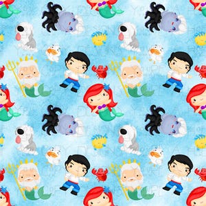May include: A repeating pattern of cartoon characters on a light blue background. The design includes mermaids, a prince, a king with a trident, a crab, a dog, a duck, and a fish. The characters are in bright colours.