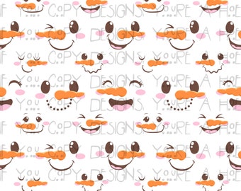 Peut inclure: Un motif sans couture représentant différents visages de bonhomme de neige avec des expressions variées, notamment des clins d'œil, des sourires et des grimaces. Les visages sont un mélange de couleurs orange, marron et rose sur un fond blanc.