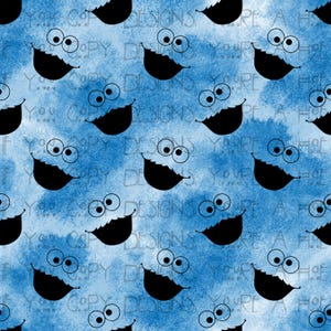 May include: A repeating pattern of black leaf-like shapes with cartoon eyes and smiles on a blue watercolour background. The words "YOU'RE A HOT COPY DESIGNS" are faintly visible throughout the design.