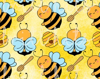 May include: A seamless pattern featuring cute cartoon bees with black and yellow stripes, blue wings, and honeycombs on a yellow background.