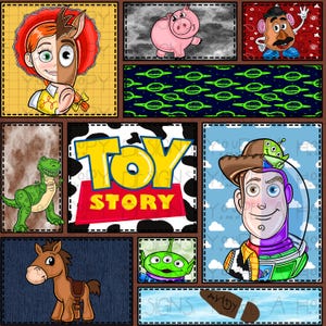 May include: A patchwork design featuring characters from the animated film Toy Story. The design includes images of Woody, Buzz Lightyear, Jessie, Rex, Hamm, Mr. Potato Head, a green alien, and the Toy Story logo.