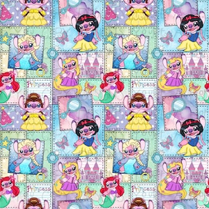 May include: A repeating pattern fabric featuring the character Stitch dressed as various princesses including Snow White, Cinderella, Belle, Rapunzel, Ariel, and Elsa. The design includes icons like castles, mirrors, butterflies, and the word Princess.