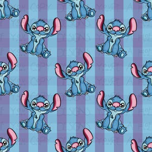 May include: A repeating pattern featuring the character Stitch from the animated film Lilo & Stitch. The blue and pink character is set against a blue and purple plaid background. The words "YOU'RE A COPY OF DESIGNS" are visible.