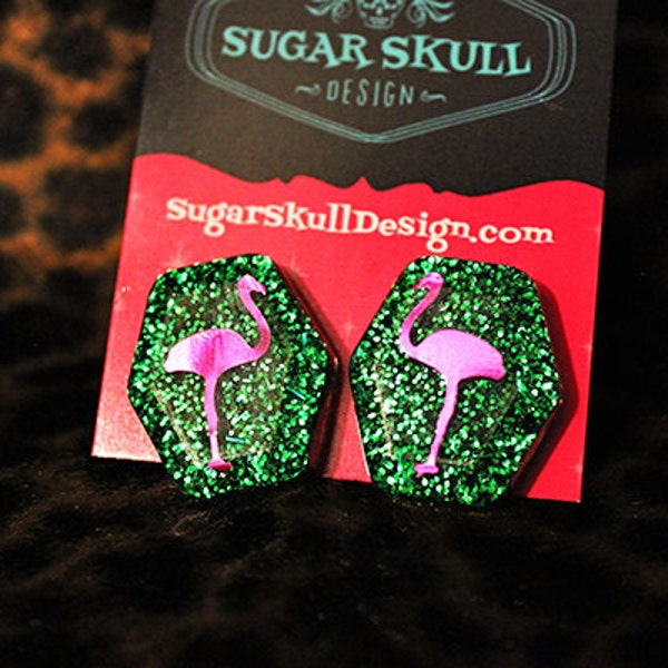 Tropical Flamingo Sparkle Resin Post Earrings Green and Hot Pink - Medium Hexagon Shape