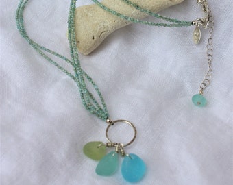 Necklace Double Strand Blue-Green Apatite & Sea Glass