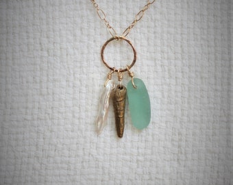 Sea Glass, Pearl, Charm Necklace