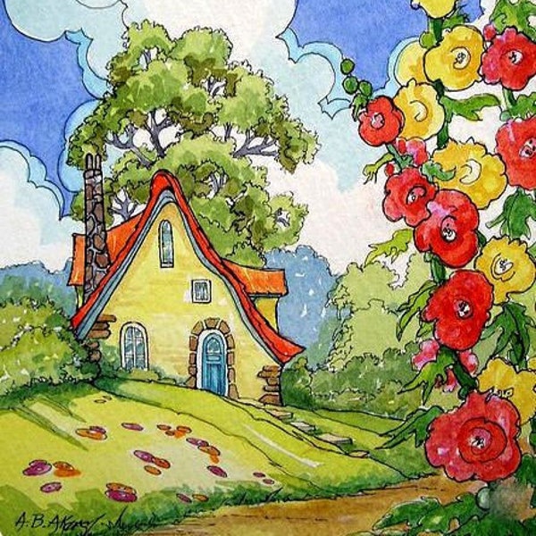 Down Hollyhock Lane Storybook Cottage Series print from original watercolor