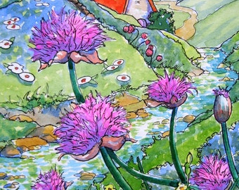 Storybook Cottage Chive Herb Print from original painting