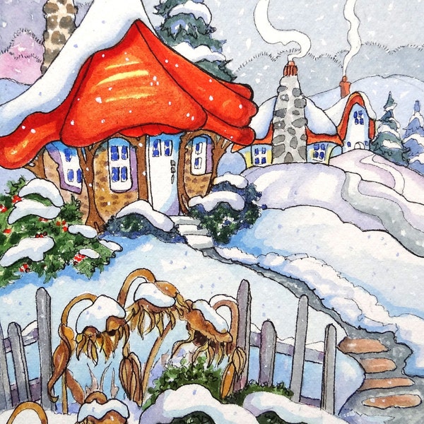 Tout le monde reste au chaud Storybook Cottage Series peinture originale à l’aquarelle