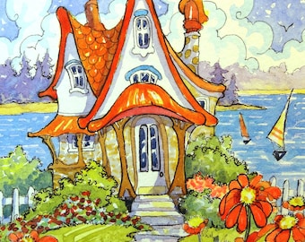 Happiness is a Red Roof Storybook Cottage Series watercolor print