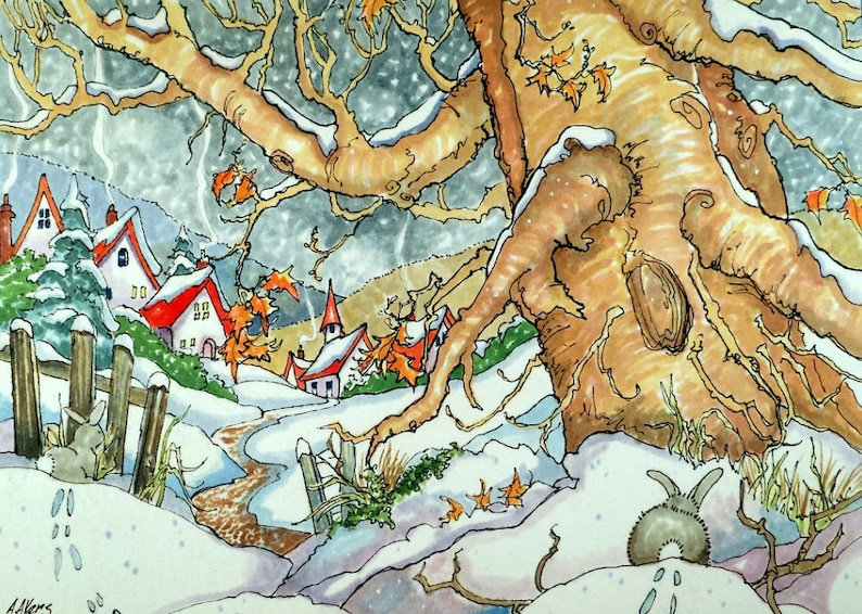 Storybook Cottage Series Village Snowfall print from original watercolor 5 by 7 inches