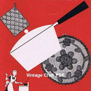 May include: Vintage craft pattern booklet cover featuring a red background with the title "POT HOLDERS" in white text. The cover also includes illustrations of crocheted pot holders and a woman cooking.