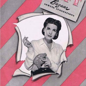 Puede incluir: Una portada de revista vintage con una mujer cosiendo con el texto "Gift Bazaar Sewing Suggestions" y "Clark's O.N.T. J. & P. Coats" en la portada.