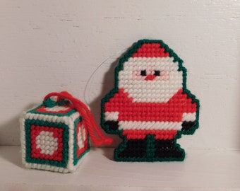 SALE - Set of Two Vintage Handmade Christmas Holiday Ornaments - Santa and Present