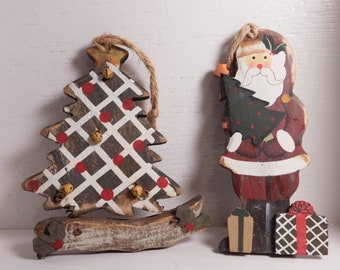 Vintage Handmade Wooden Christmas Ornaments - Set of Two Christmas Tree and Santa