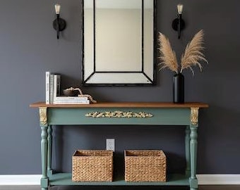 Hand-Painted Pine Console Table: Solid Oak Top, Boreal Green, Choose your color