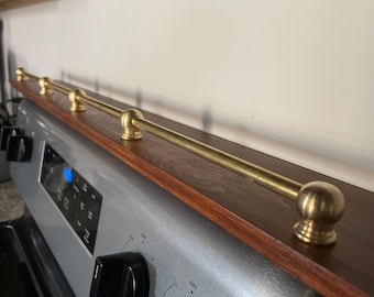Handcrafted Custom Hardwood Stove Top Shelf with Solid Unfinished Brass Rail | Secure-Lock Design | Tailored to Your Measurements