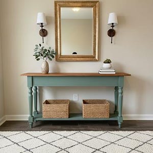 Hand-Painted Console Table: Solid Oak Top, Boreal Green Entryway Decor, choose your color
