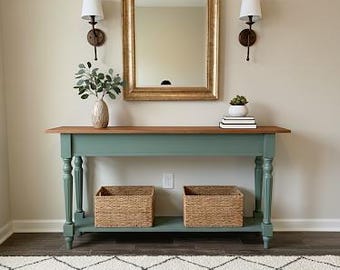 Hand-Painted Console Table: Solid Oak Top, Boreal Green Entryway Decor, choose your color