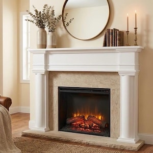 The Hampsted Custom Fireplace Mantel Surround | Handcrafted White Wood Mantel with Columns | Traditional Fireplace Frame | Living Room Decor