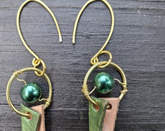 Metallic Green Leather Tassel Earrings